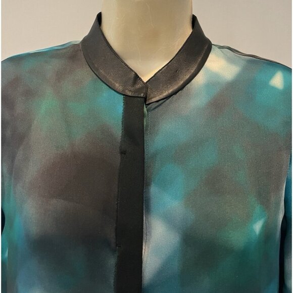 ELIE TAHARI Chelsea Turquoise Black 100% Silk Lamb Leather Shirt Blouse - Picture 5 of 11